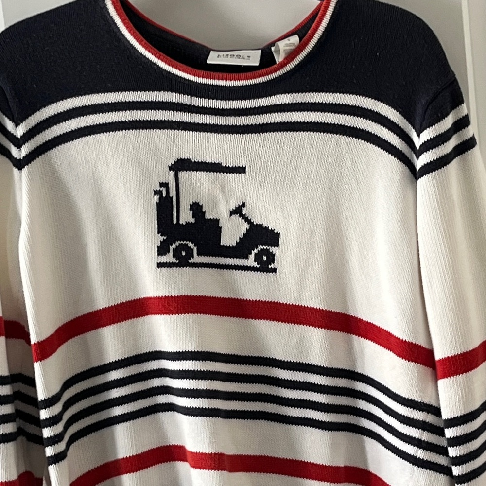 Liz Claiborne Crewneck GOLFCART ‘Sweater in White, Black & Red Cotton VTG S - Picture 3 of 5